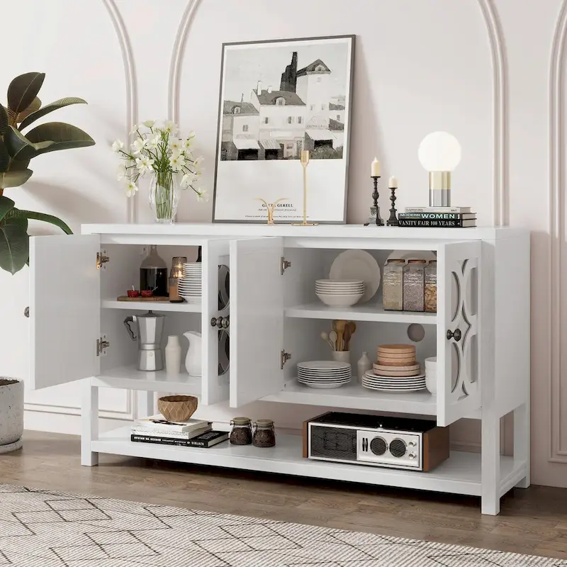 Elegant Retro Console Table with Mirrored Doors, Spacious Shelves and Durable Acacia Wood Legs