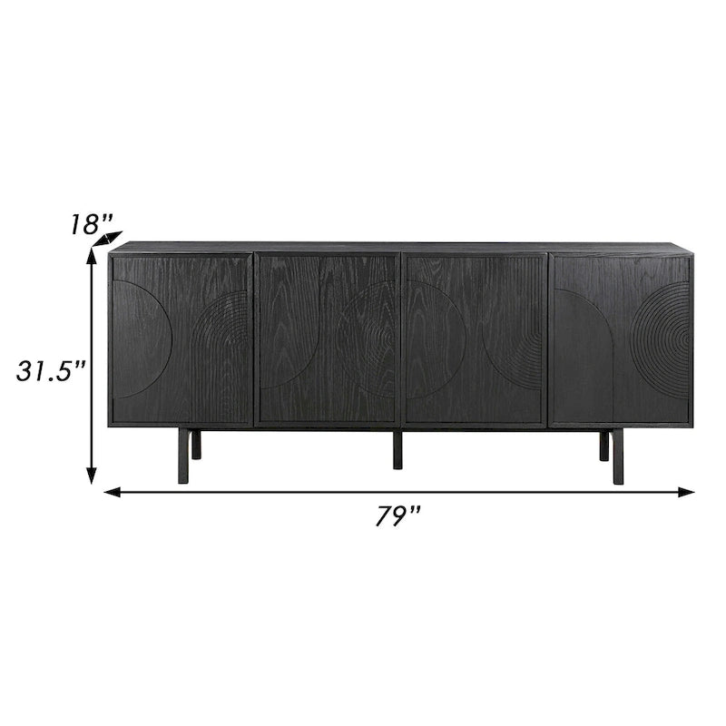 79 in. Serving Cabinet Buffet Sideboard Console with 4 Doors, Black Oak