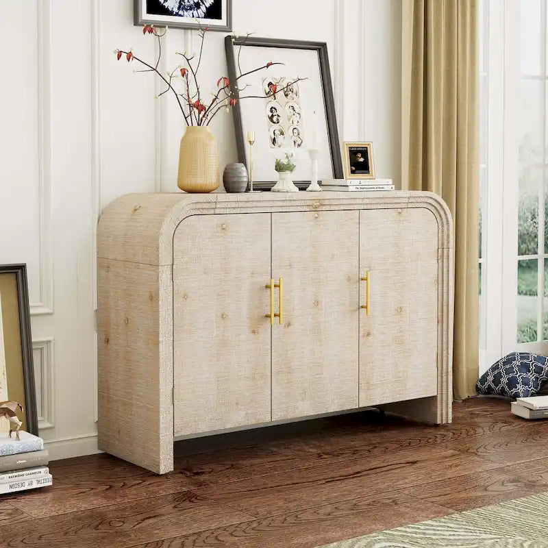 Natural Wood Wash / Antique Black Curved 3-Door Sideboard with Adjustable Shelves for 1–2 Person