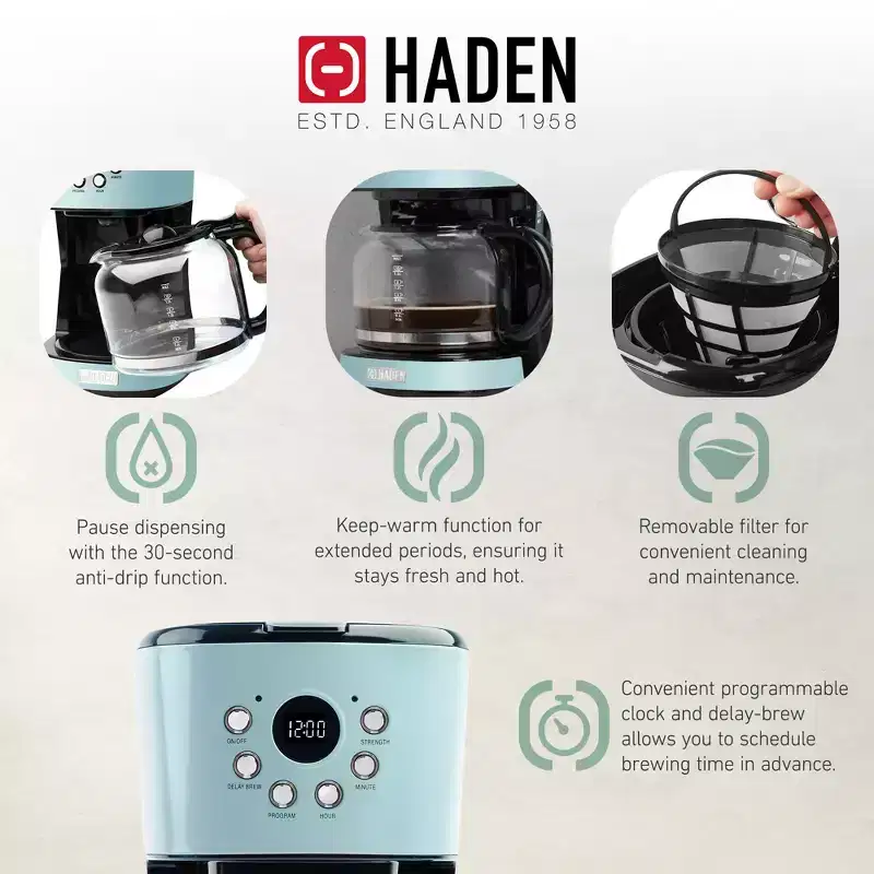 Haden 12 Cup Programmable Drip Coffee Maker Coffee Machine Bundled with Heritage 4 Slice Wide Slot Stainless Steel Toaster, Turquoise & Chrome