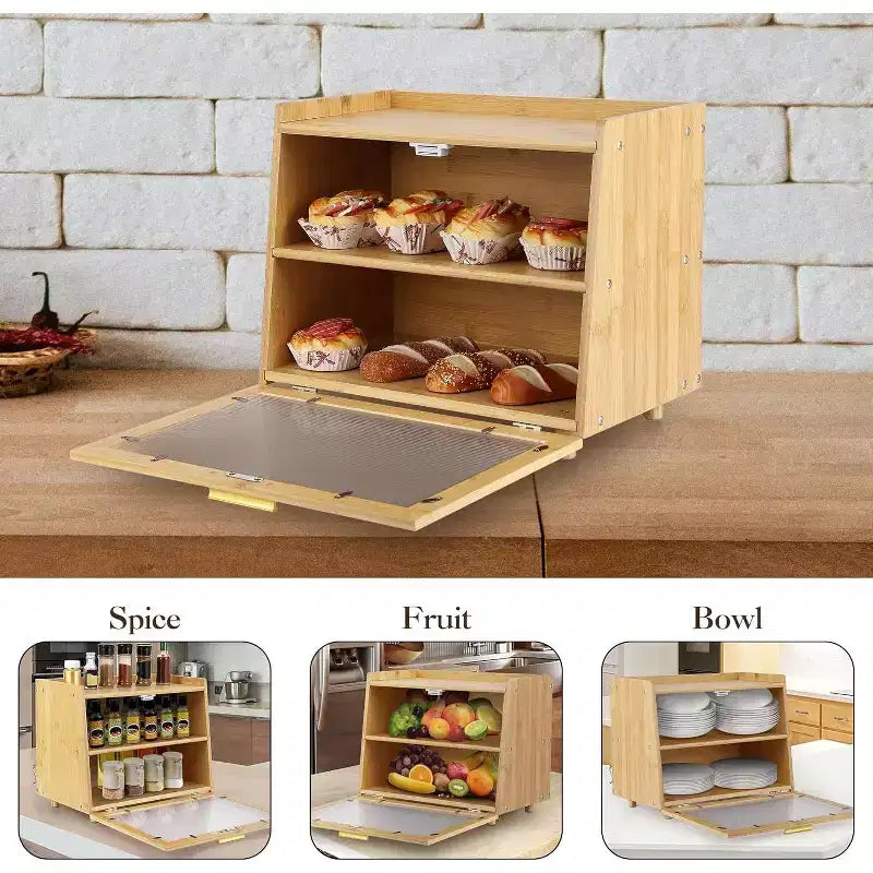 2-Layer Bamboo Bread Box with Acrylic Door, Bread Storage Container for Kitchen Countertop, Organizing Baguettes, Pastries & Baked Goods