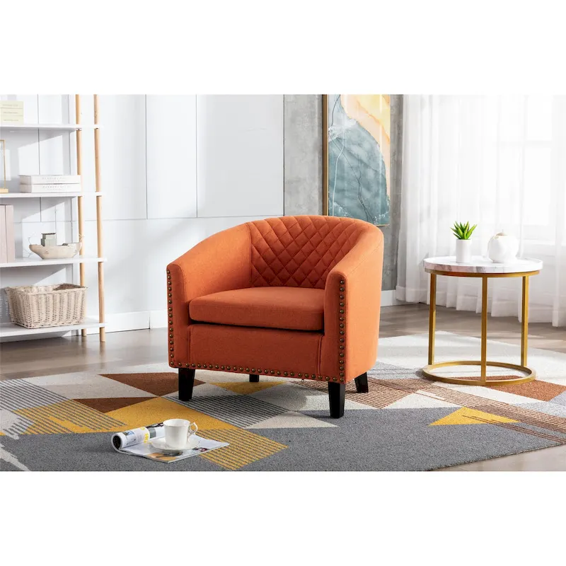 Accent Barrel chair living room chair with nailheads and solid wood legs
