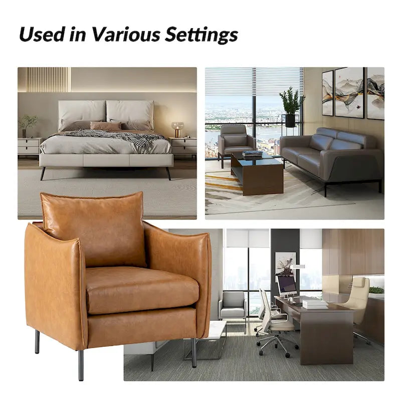 Modern Accent Chair – Black / Brown / Grey / Camel / Navy / Beige, Vegan Leather, Metal Legs, Seats 1