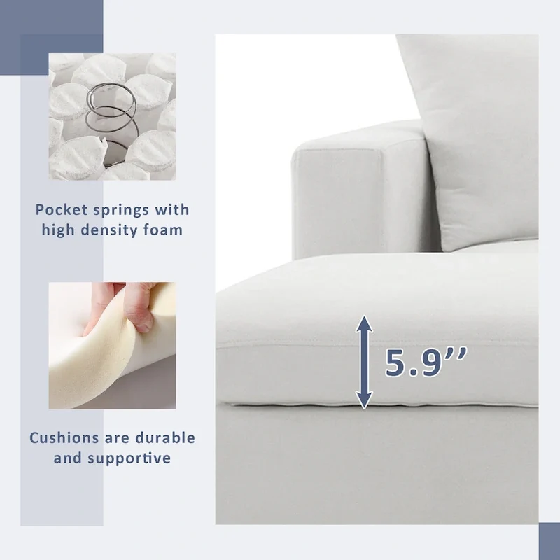 White L-Shaped Sectional Sofa with Ottoman, Seats 5