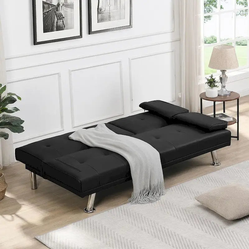 Convertible Sofa Bed – Black / Dark Brown, Faux Leather, 3-Position Recliner, Seats 2