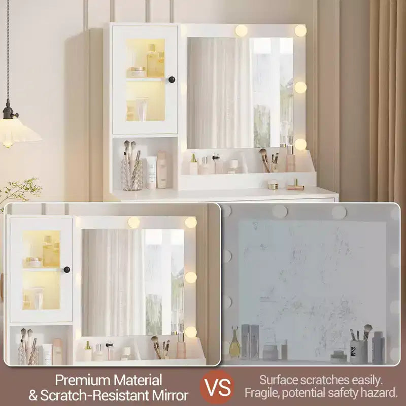 Vanity Desk with Mirror, 3 Lighting Modes Lights, Built-in Outlets & USB Ports, Spacious Drawers & Storage Cabinet, Makeup Dressing Table for Bedroom