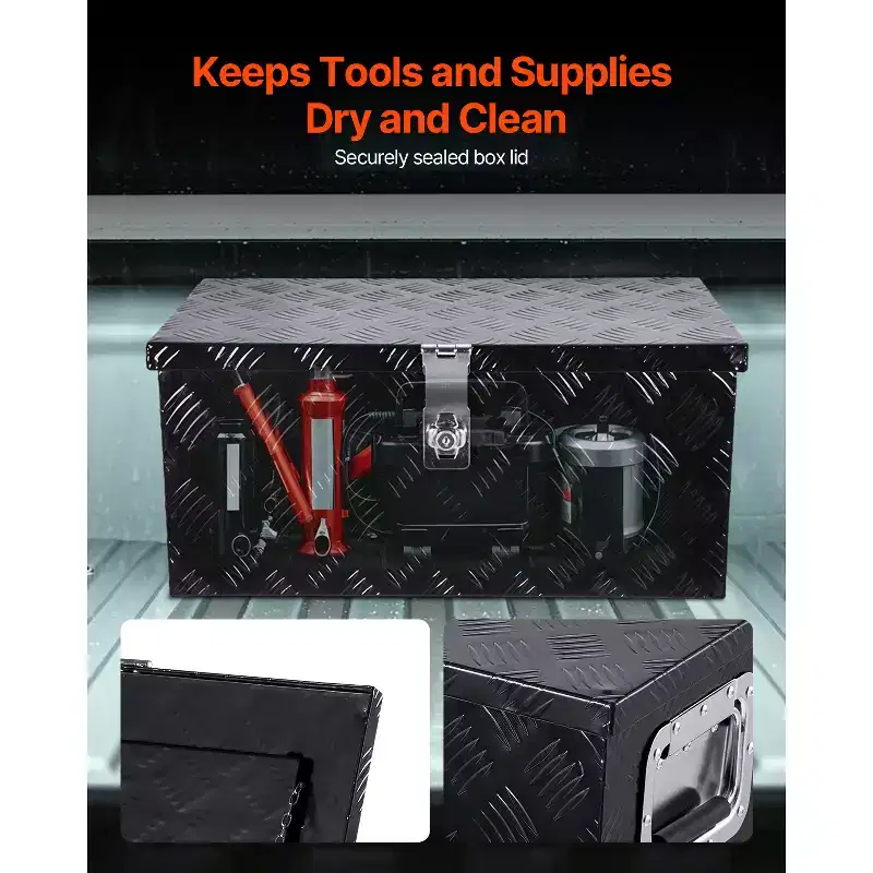 VEVOR Heavy Duty Aluminum Truck Bed Tool Box, Stripes Plated Tool Box with Side Handle and Lock Keys, Storage Toolbox Chest Organizer, Black