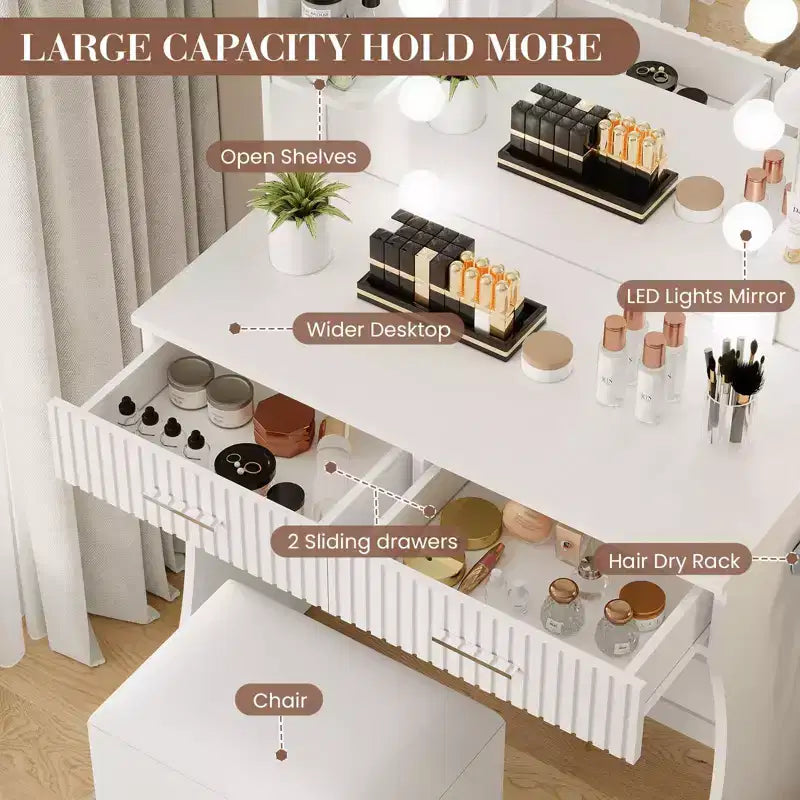 Makeup Vanity Desk with Mirror and Lights, Vanity Table with 2 Drawers, 6 Shelves, Hair Dryer Holder & Stool,Dressing Table Furniture for Bedroom