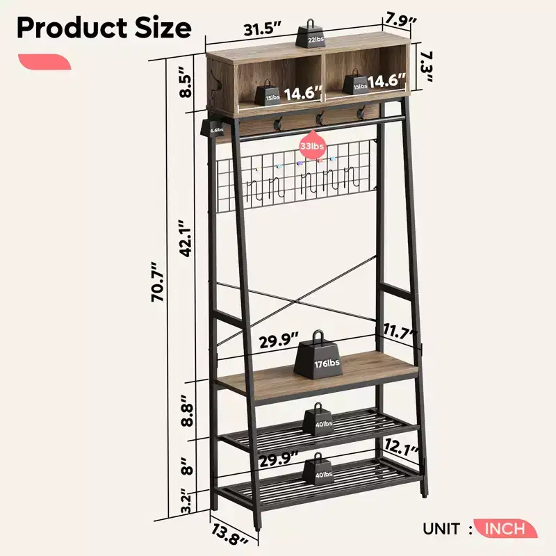 Bestier Coat Rack with Shoe Storage Bench, 70 Hall Tree with Shelves, Clothes Hanger Stand for Jackets & Cats, 5-in-1 Entryway Organizer with Hooks