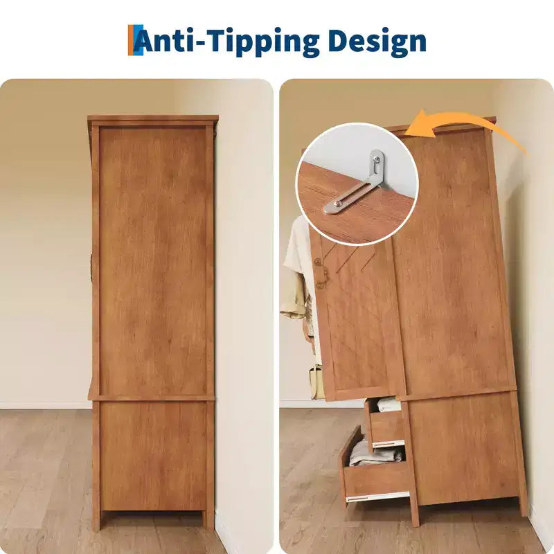 Wood Armoire Wardrobe Closet with 2 Drawers, 71''H Clothing Storage Cabinet with Metal Handing Rod, Armoire Clothes Organizer for Bedroom, Cloak Room