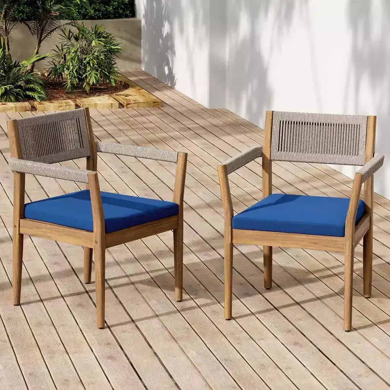 NAYSAYE Patio Dining Sets Braided Acacia Wood Dining Chairs with Cushions and Armrests for Garden Poolside, Navy and Beige, 23.25*21.5*32.25