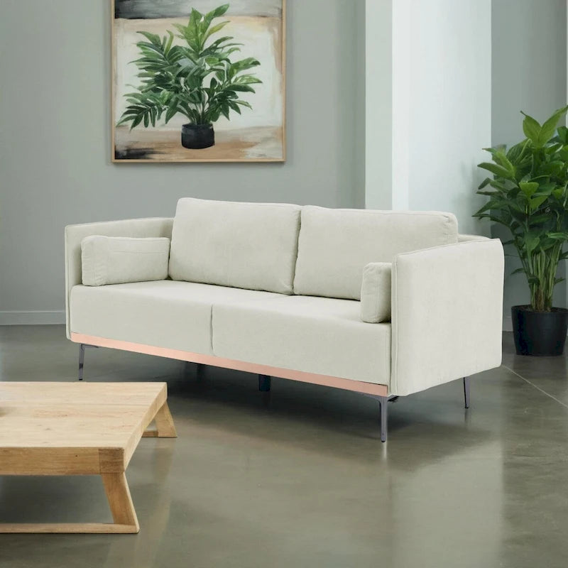 3-Seat Linen Sofa – Grey / Beige / Orange, Modern Minimalist, Metal Legs & Steel Trim, Seats 3