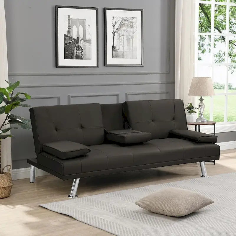 Convertible Sofa Bed – Black / Dark Brown, Faux Leather, 3-Position Recliner, Seats 2