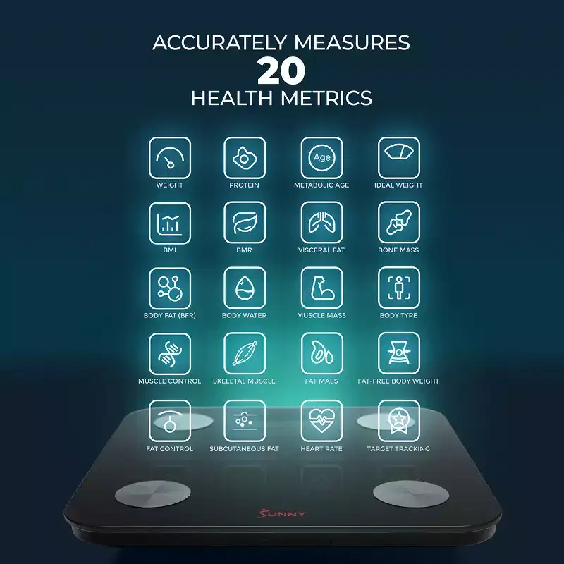 Smart Digital Body Composition Scale with 20 Metrics, Bluetooth Fitness Tracking & SunnyFit App Workouts  Sunny Health & Fitness