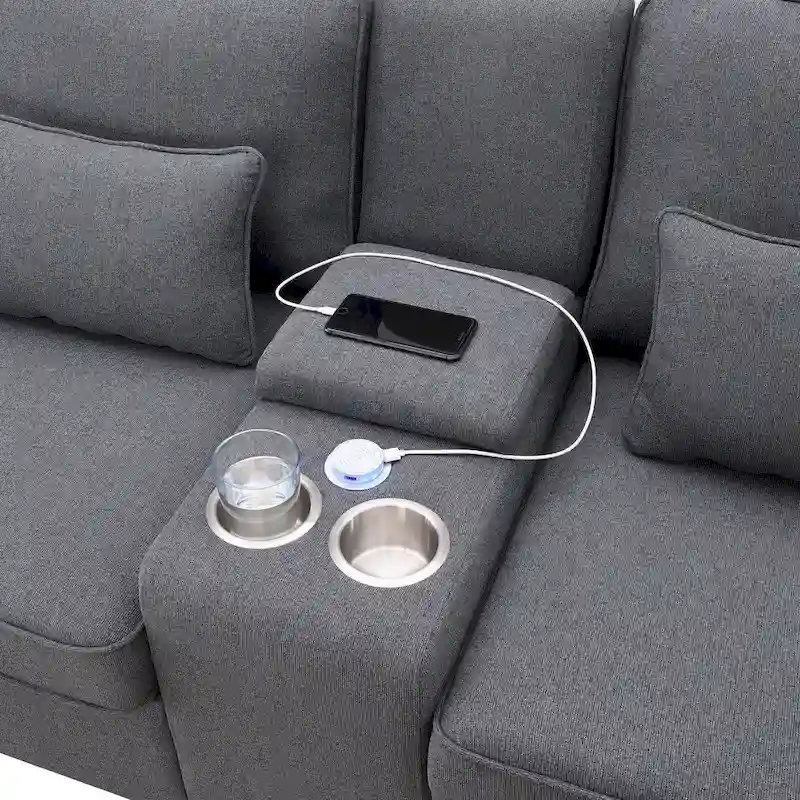 114.2 Upholstered Sofa with Console, Cup Holders and USB Charging