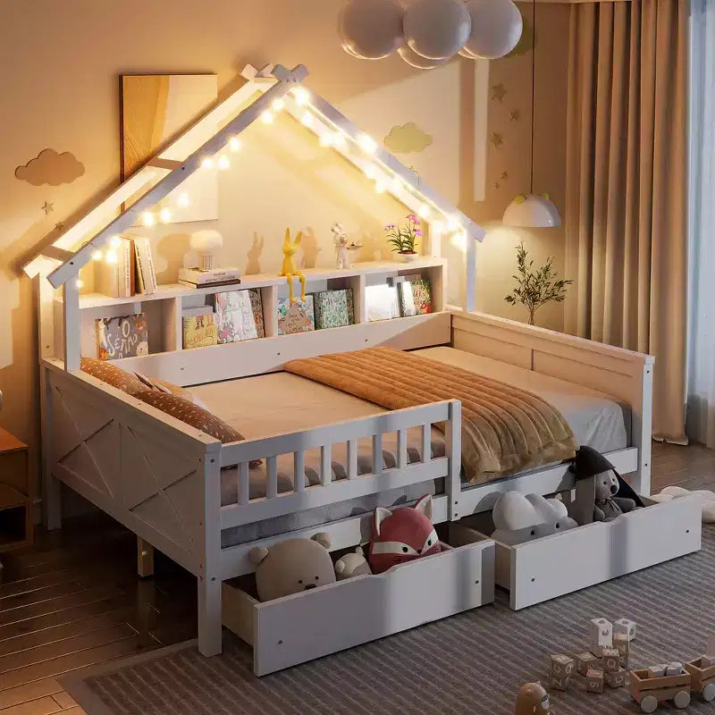 Full Size House Bed Frame with Drawers, House Platform Bed with LED Lights, Storage Shelves & Drawers, Wood Daybed with Roof and Guardrail