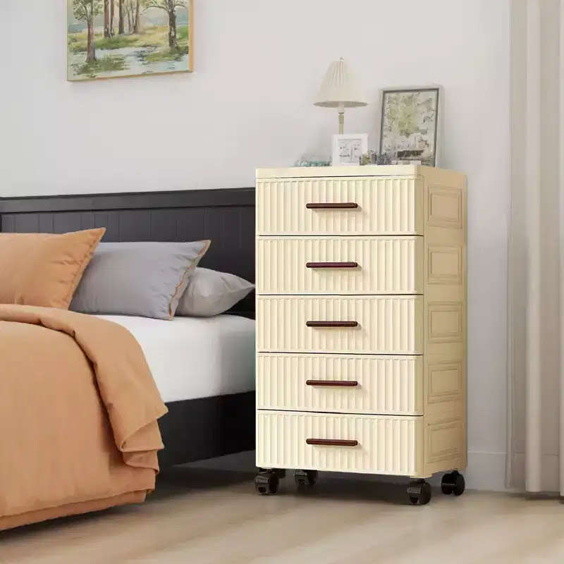 5-Tier Multifunctional Storage Cabinet in Cream - Mobile Organizer for Bedroom & Living Room with Drawers for Toys, Books, Clothes&Snacks