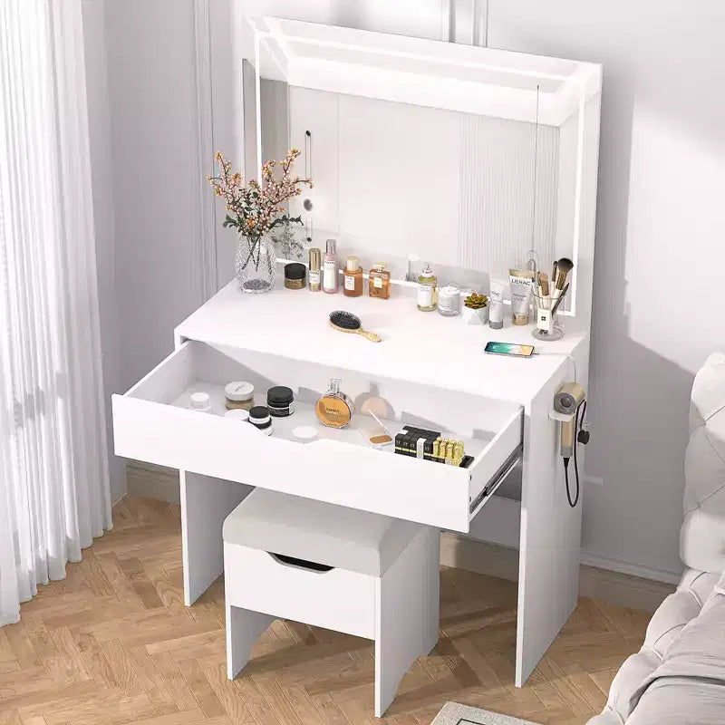 VECELO Vanity Desk Set with LED Lighted Mirror & Power Outlet, Makeup Table with Large Drawer, Storage Stool and Hair Dryer Stand for Bedroom, White
