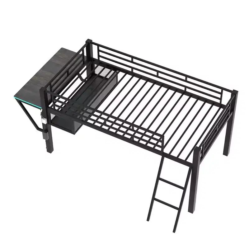 Twin Gaming Loft Bed with Desk & LED Lights, Black Metal Mid Loft Bed with Storage for Kids Teens, eSports-Inspired Design