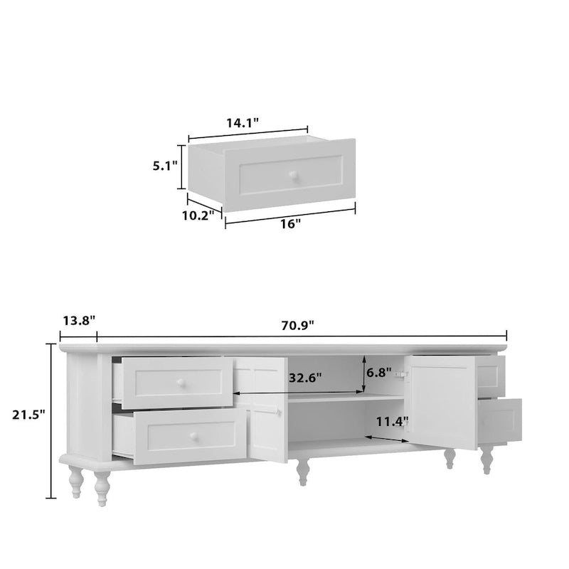 70.9-Inch TV Stand – White, Modern Style, Tempered Glass Doors & 4 Drawers
