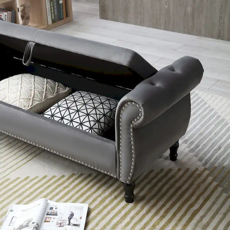 Upholstered Storage Ottoman Bench – Brown / Beige / Blue / Black / Grey / Pink, Velvet, Rolled Arms, Seats 2