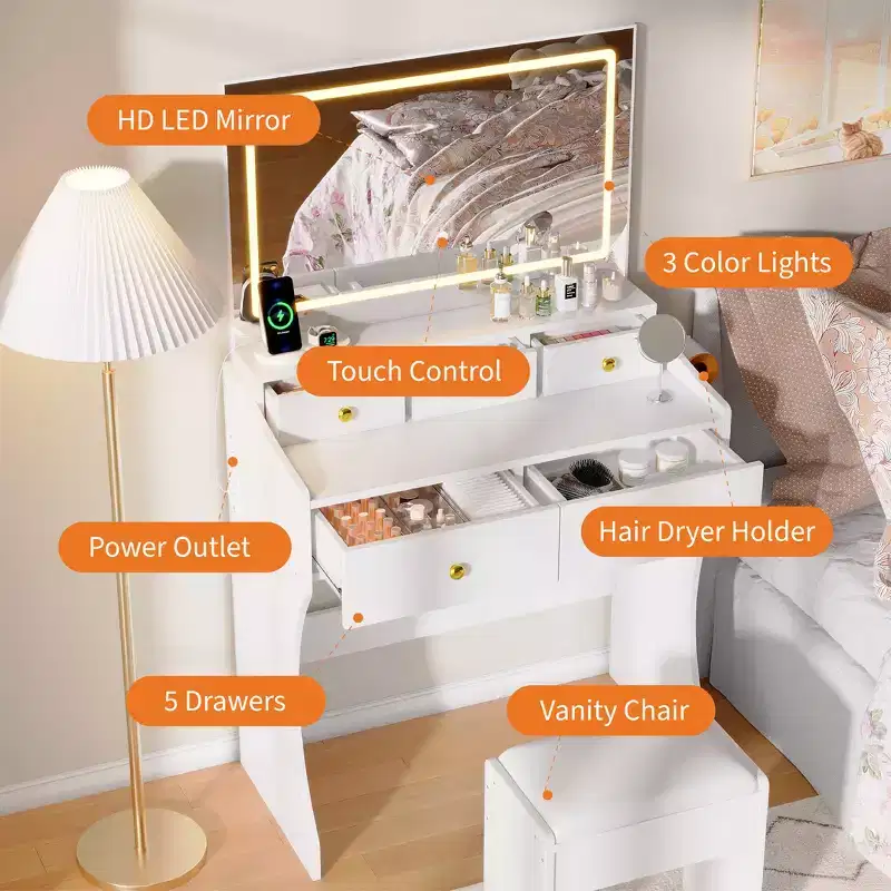 GustoWave Makeup Vanity Desk with Mirror & Chair, 5 Drawers, Hair Dryer Holder, Cushioned Stool for Bedroom