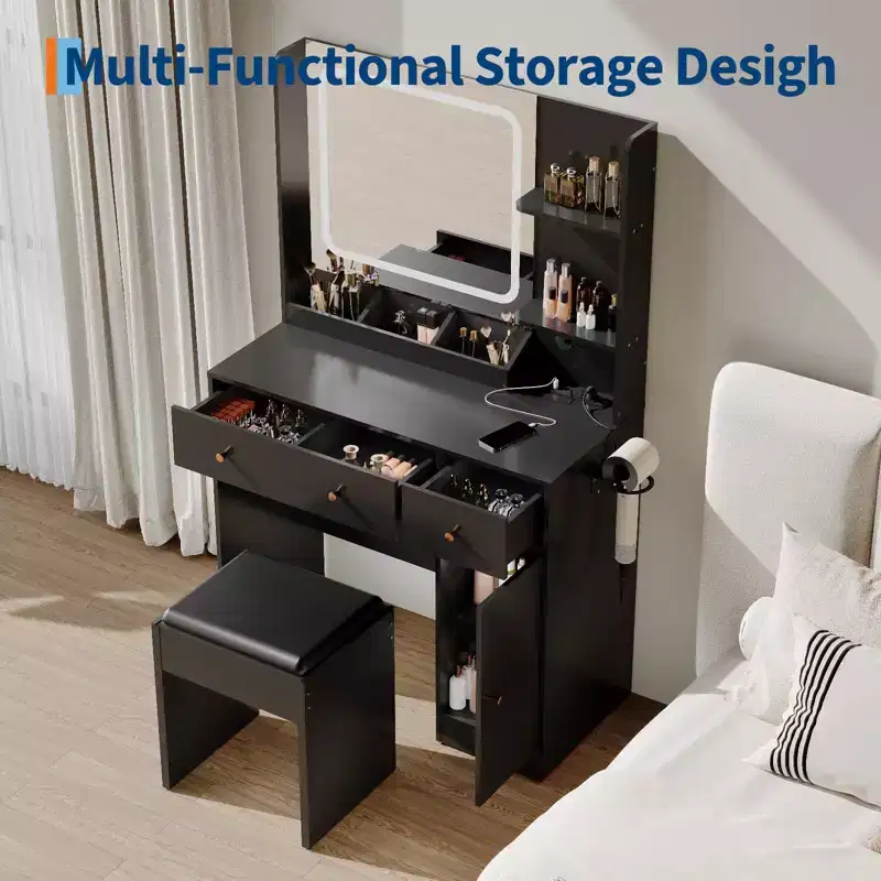 COZONY Makeup Vanity with Lights & Mirror, Vanity Table with Charging Station, Hair Dryer Holder, Storage Drawers & Shelves, Upholstered Stool