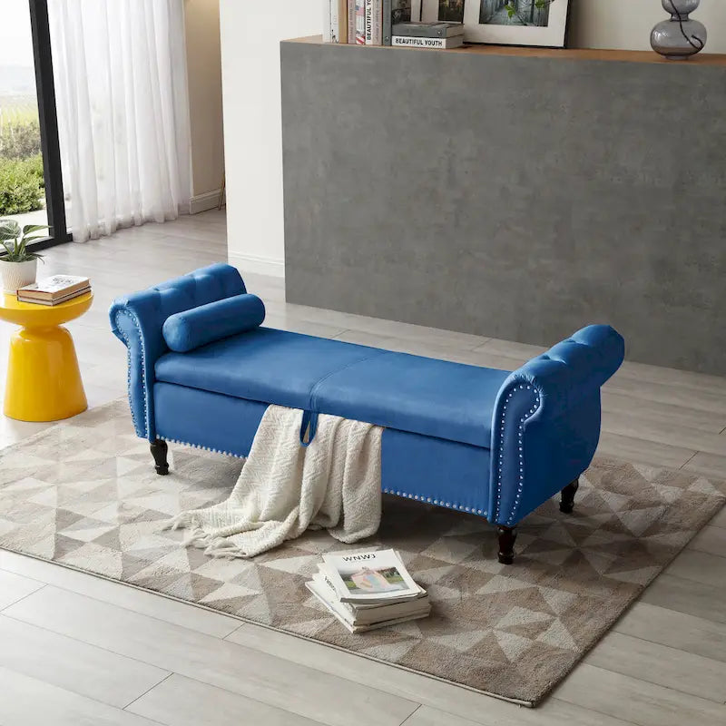 Upholstered Storage Ottoman Bench – Brown / Beige / Blue / Black / Grey / Pink, Velvet, Rolled Arms, Seats 2