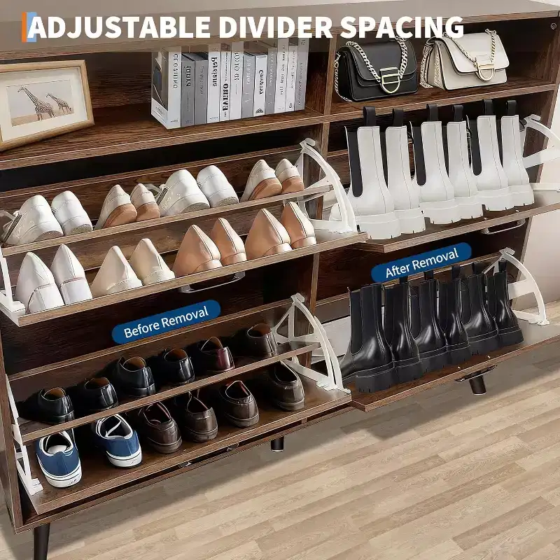4-Drawer Flip Shoe Cabinet, Freestanding Hidden Shoe Organizer with Metal Legs & Solid Wood Doors, Narrow Entryway Shoe Storage for Hallway Foyer