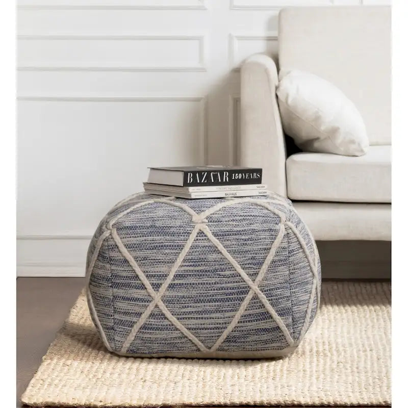22-Inch Round Pouf Ottoman – Blue & Ivory / Tan & Ivory / Gray & Ivory, 1-Person Footrest & Extra Seat