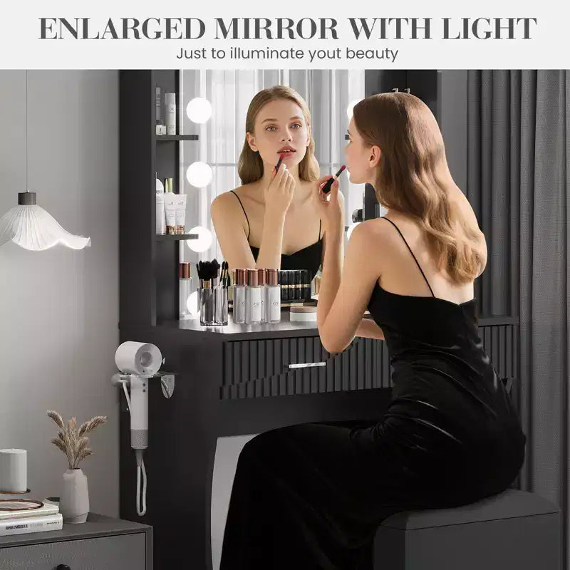 Garvee Makeup Vanity Desk with Mirror and 12 LED Lights, Modern Dressing Table Furniture with Hair Dryer Holder Stool for Bedroom