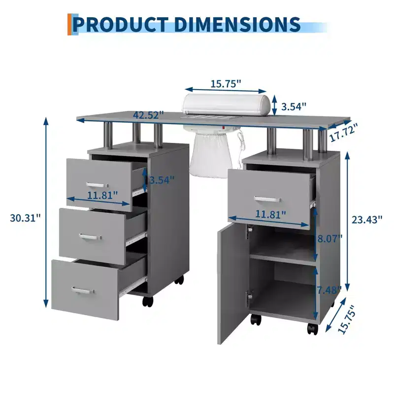 Manicure Table Nail Desk for Nail Tech, Nail Table Station with Dust Collector, Beauty Salon Workstation with Locking Castors & Wrist Cushion