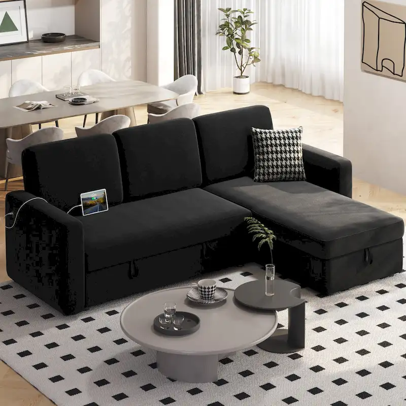 L-Shaped Reversible Sectional Sofa with Pull Out Bed & Storage - 83x 57.5x33