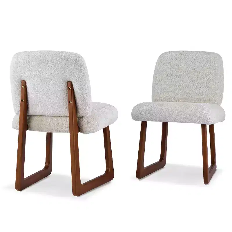 Set of 2 Boucle Upholstered Dining Chairs with Curved Wooden Legs, Beige - ModernLuxe