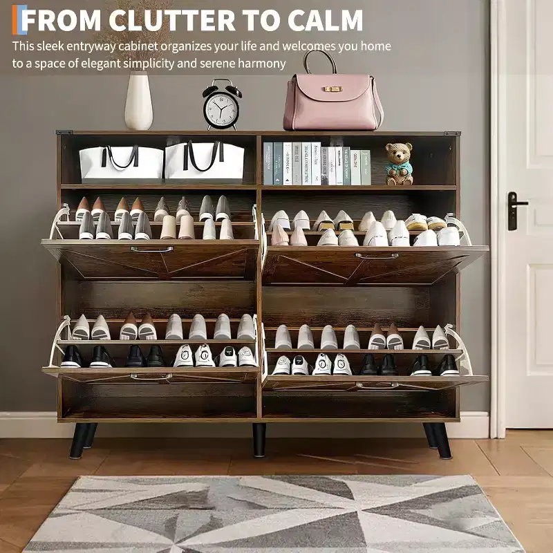 4-Drawer Flip Shoe Cabinet, Freestanding Hidden Shoe Organizer with Metal Legs & Solid Wood Doors, Narrow Entryway Shoe Storage for Hallway Foyer