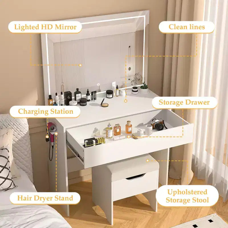 VECELO Vanity Desk Set with LED Lighted Mirror & Power Outlet, Makeup Table with Large Drawer, Storage Stool and Hair Dryer Stand for Bedroom, White