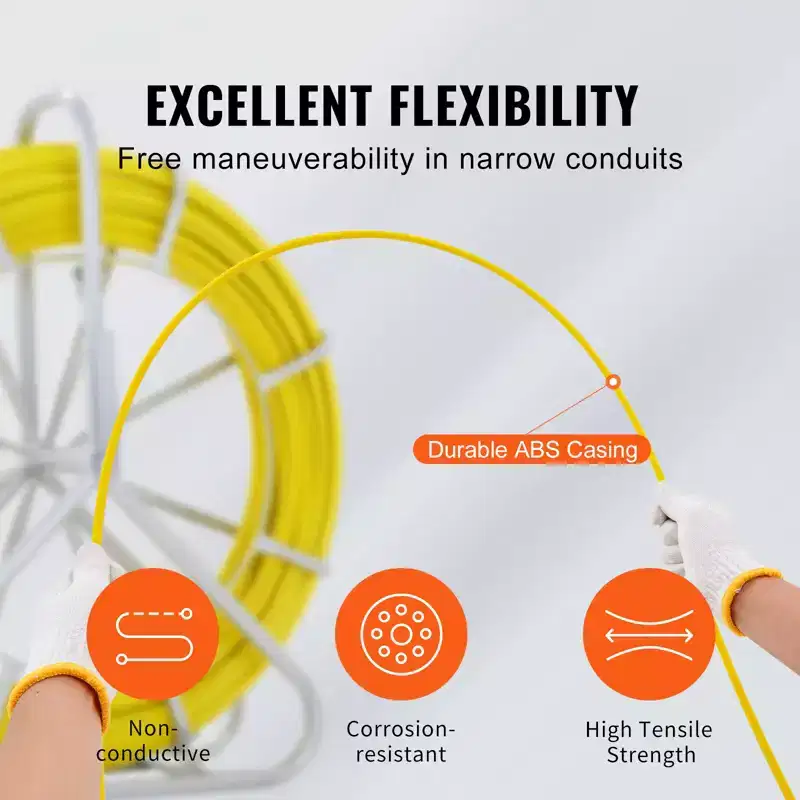 VEVOR Fish Tape Fiberglass, 656 ft, 1/4 inch, Duct Rodder Fishtape Wire Puller, Cable Running Rod with Steel Reel Stand, 3 Pulling Heads, Fishing Tool