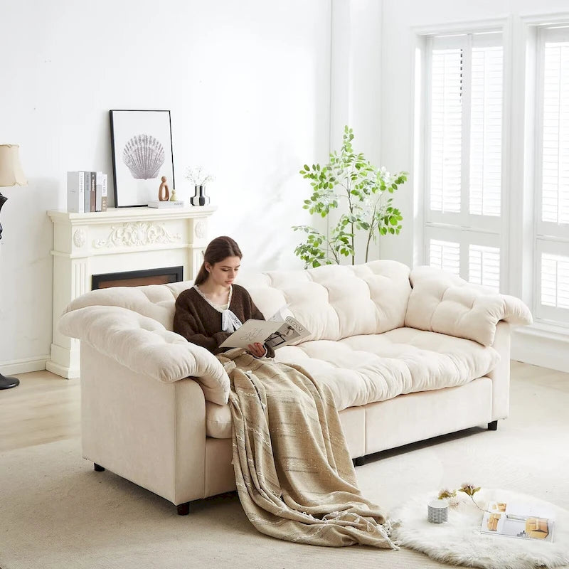 99-Inch Deep Seat Sofa – Yellow / Beige / Grey / Green, Chenille, Solid Wood Frame, Seats 3