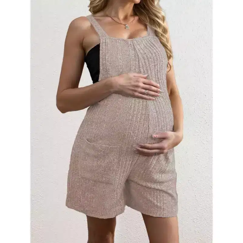 Coolmee Women's Maternity Overalls Shorts Ribbed Knit Solid Pregnancy Casual Sleeveless Jumpsuits Romper for Pregnancy with Pockets L Khaki