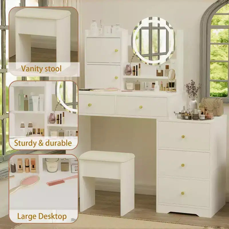 Okak Vanity Table with Right Drawers and Lights for Makeup and Cushioned Chair,Vanity Desk with Lights and Table Set with 3 Color Lighting,White
