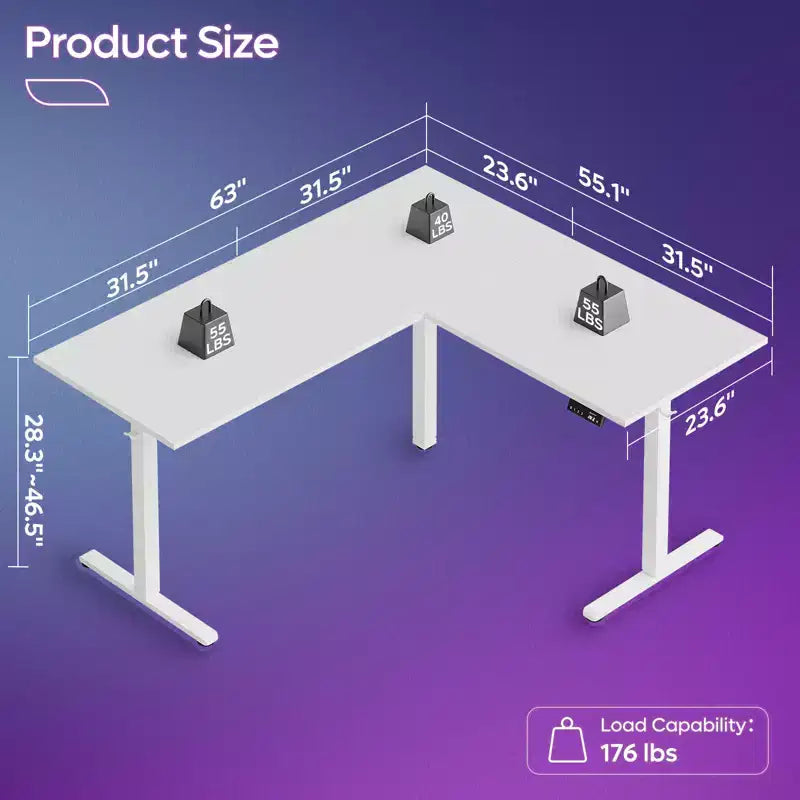 63 L-Shaped Electric Standing Desk with Charging Station, Hooks & Height Adjustment for Home Office