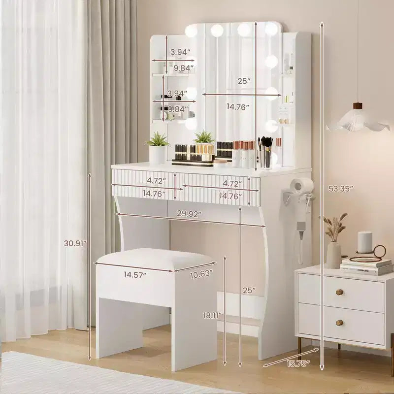 Makeup Vanity Desk with Mirror and Lights, Vanity Table with 2 Drawers, 6 Shelves, Hair Dryer Holder & Stool,Dressing Table Furniture for Bedroom