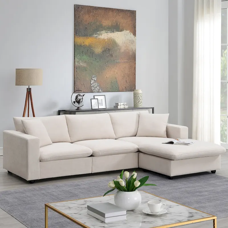 White L-Shaped Sectional Sofa with Ottoman, Seats 5