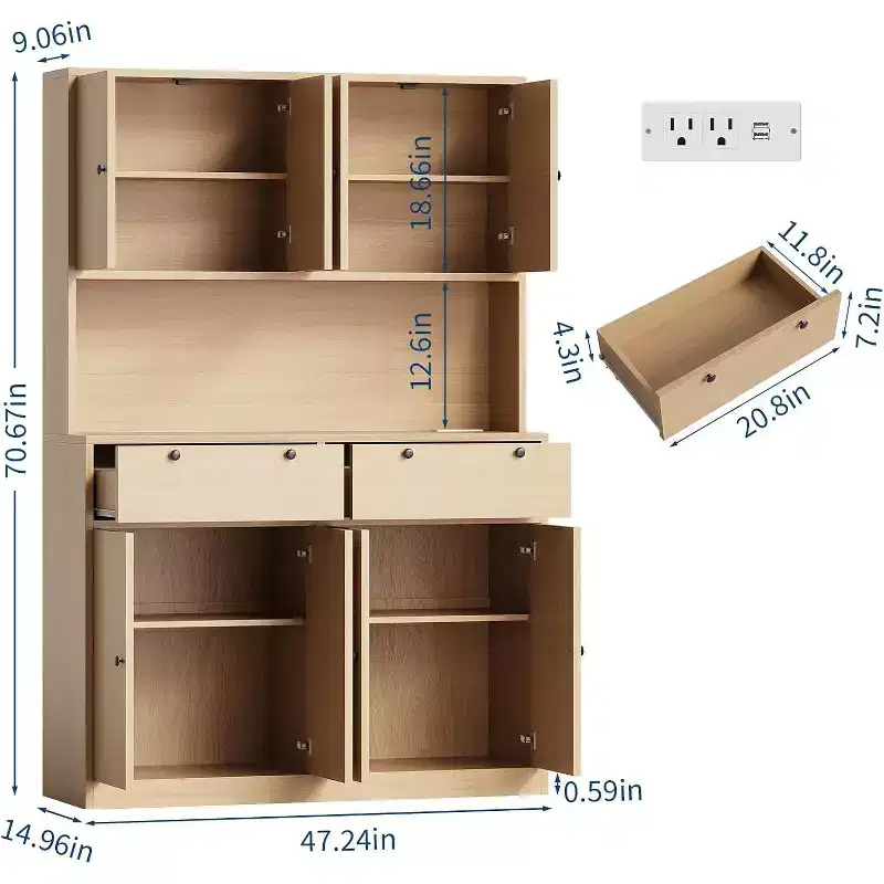 71 Tall Kitchen Pantry Storage Cabinet, Kitchen Hutch with Microwave Stand & Countertop, Large Food Pantry Cabinet with 2 Drawers and 8 Doors