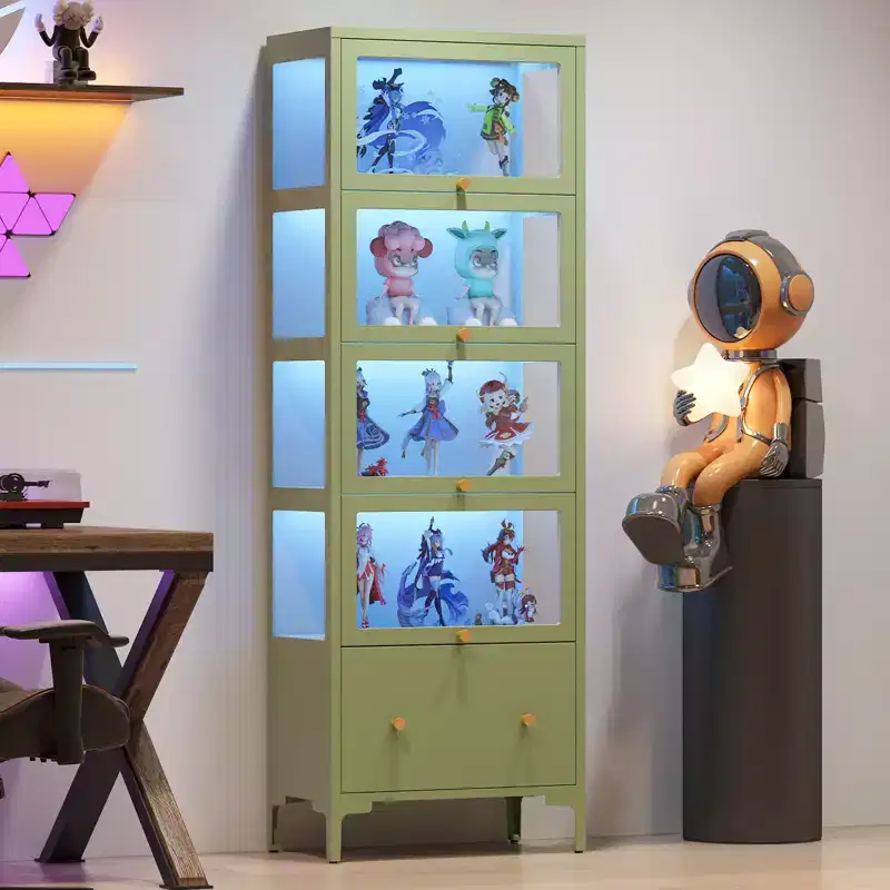 Bekrvio 67 Glass Doors Display Cabinet with Drawer & 13-Color RGB LED Lights, 5-Tier Metal Curio Cabinet for Collectibles, Figure, Toys, Books
