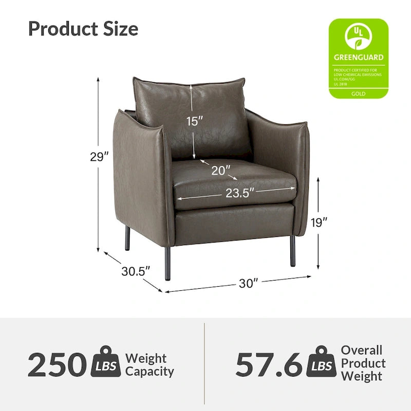 Modern Accent Chair – Black / Brown / Grey / Camel / Navy / Beige, Vegan Leather, Metal Legs, Seats 1