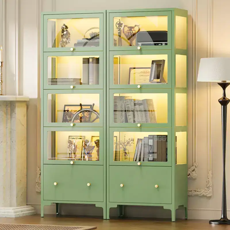 Bekrvio 67 Glass Doors Display Cabinet with Drawer & 13-Color RGB LED Lights, 5-Tier Metal Curio Cabinet for Collectibles, Figure, Toys, Books