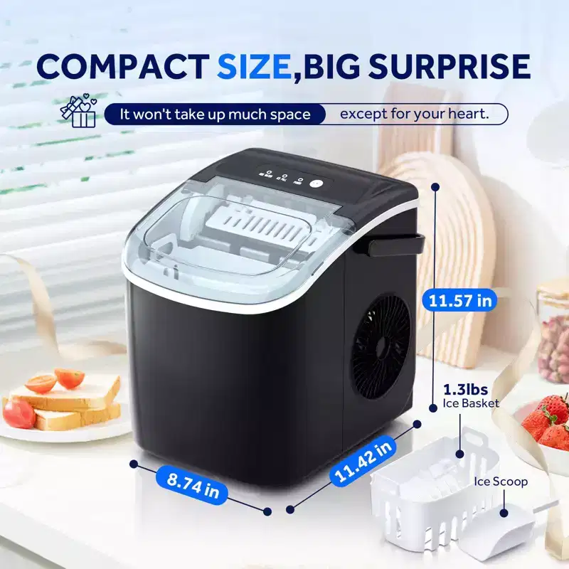 Portable Ice Maker,Countertop Model,Self-Cleaning,26.5lbs/24Hrs,6 Mins/9 Pcs Bullet Ice,Includes Ice Scoop and Basket
