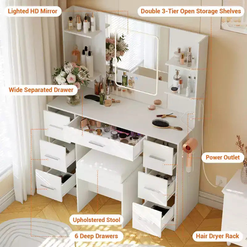 Makeup Vanity with Mirror and Chair, Hair Dryer Rack, 7 Drawers, 3 Lighting Modes Adjustable