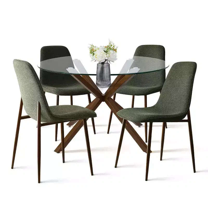 Olive+Oslo 5-Piece Dining Table Set for 4, Round Glass Dining Table with 4 Upholstered Dining Chairs Walnut Legs-Panipeachy